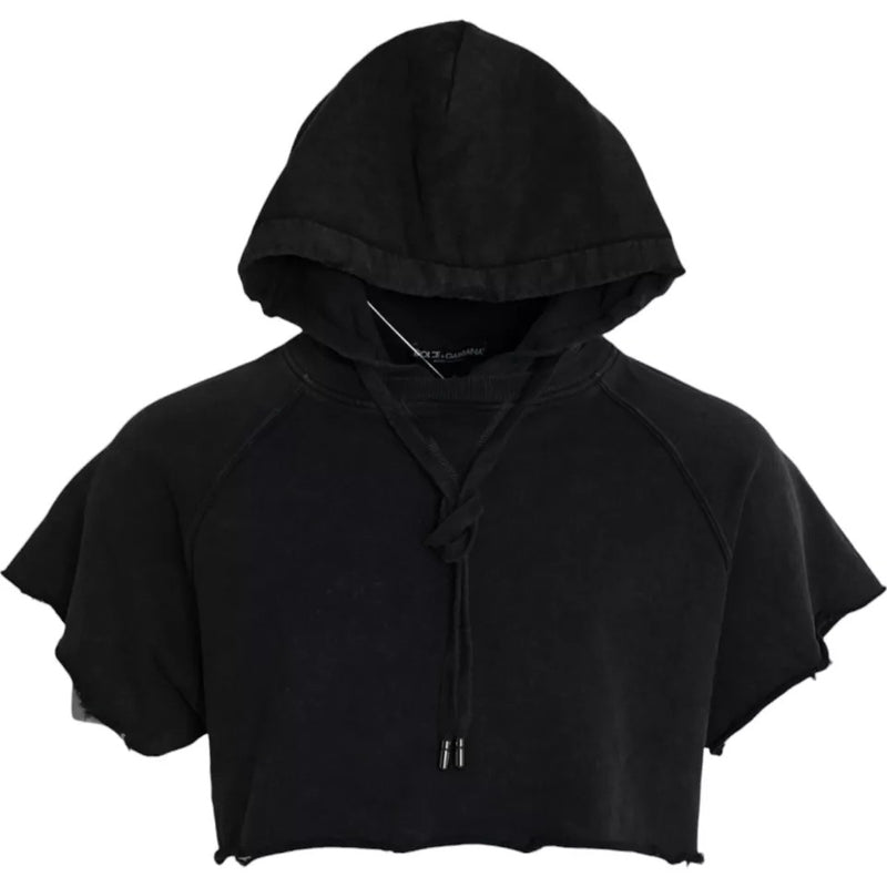 Black Cotton Hooded Short Sleeves Cropped T-shirt-Dolce & Gabbana-LabelTerrace.com