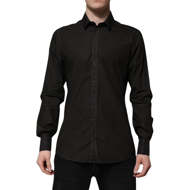 Black Cotton Jacquard GOLD Collar Dress Shirt-Dolce & Gabbana-LabelTerrace.com