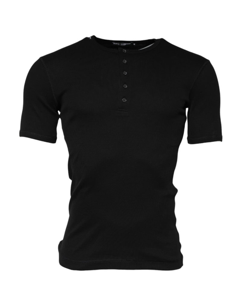 Black Cotton Knit Crew Neck Henley T-shirt-Dolce & Gabbana-LabelTerrace.com