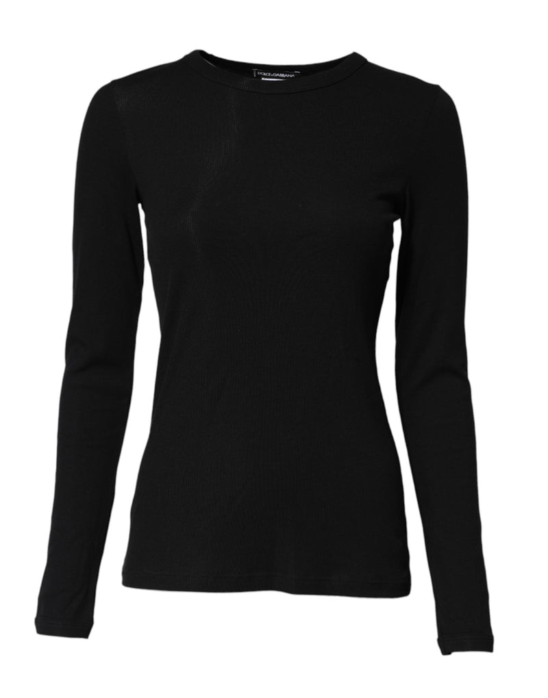 Black Cotton Knit Round Neck Long Sleeves T-shirt-Dolce & Gabbana-LabelTerrace.com