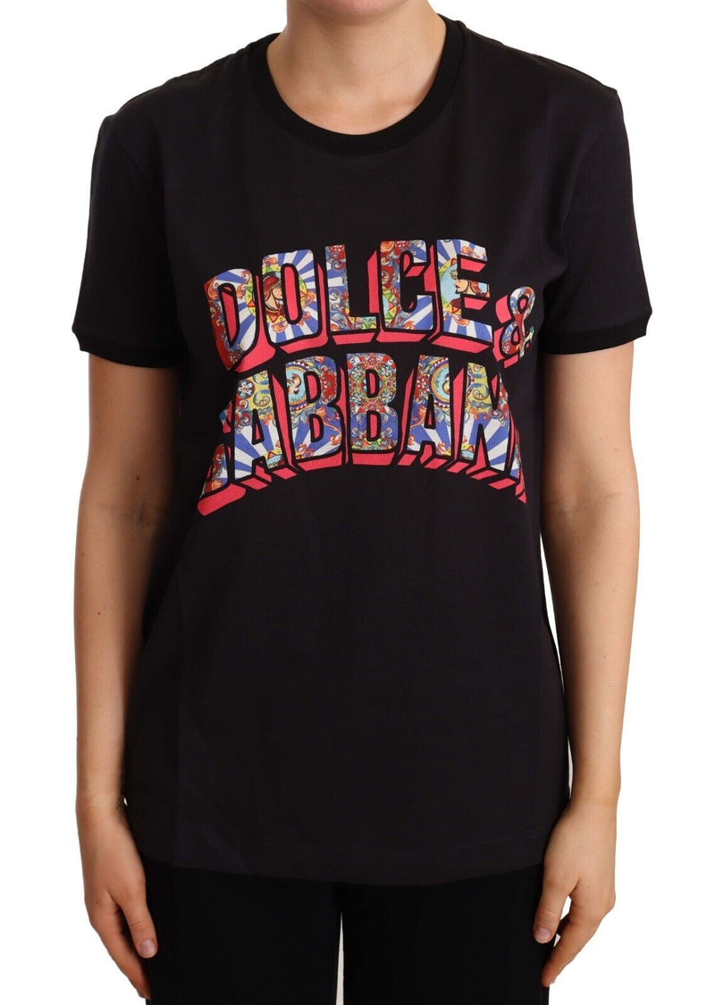 Black Cotton Large Print Top Crewneck T-shirt-Dolce & Gabbana-LabelTerrace.com