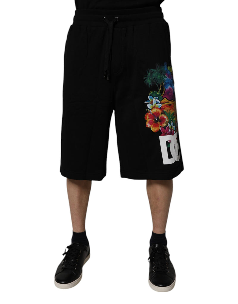 Black Cotton Logo Floral Print Bermuda Shorts-Dolce & Gabbana-LabelTerrace.com