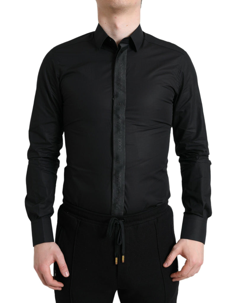 Black Cotton Logo Formal GOLD Dress Shirt-Dolce & Gabbana-LabelTerrace.com