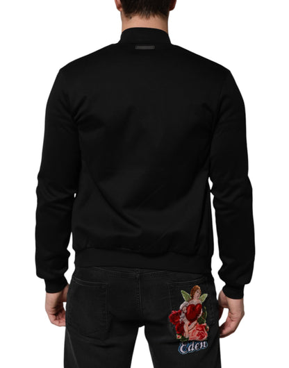 Black Cotton Logo Full Zip Men Bomber Jacket-Dolce & Gabbana-LabelTerrace.com
