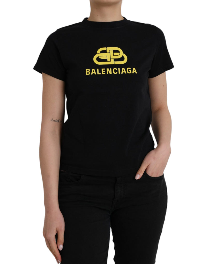 Black Cotton Logo Print Crew Neck Short Sleeves T-shirt-Balenciaga-LabelTerrace.com