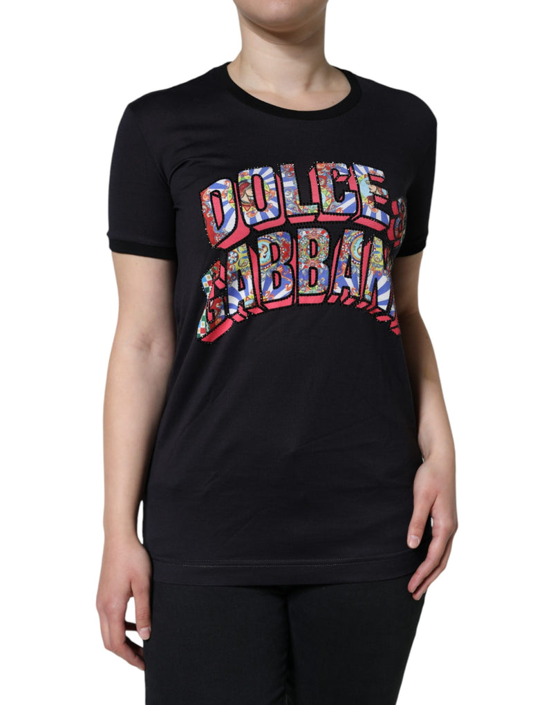 Black Cotton Logo Print Round Neck T-shirt-Dolce & Gabbana-LabelTerrace.com