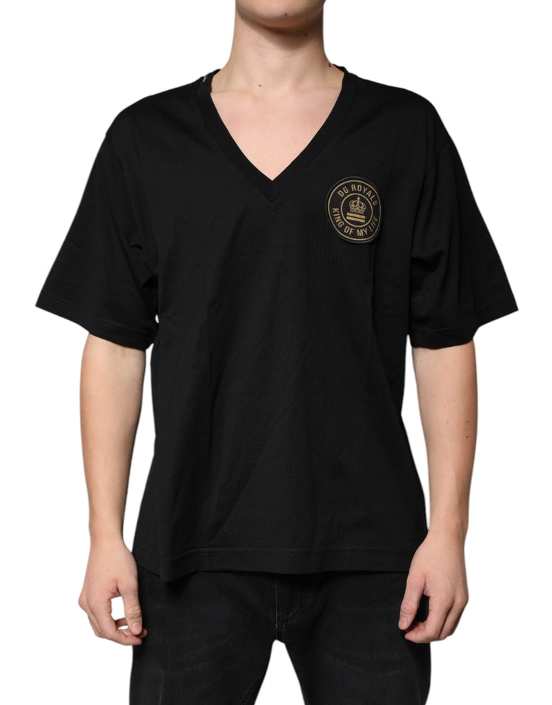 Black Cotton Logo Vneck Short Sleeve T-shirt-Dolce & Gabbana-LabelTerrace.com
