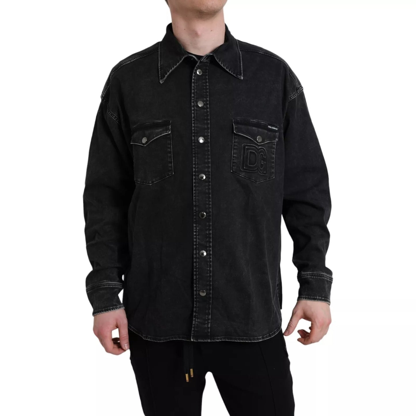 Black Cotton Long Sleeve Denim Casual Shirt-Dolce & Gabbana-LabelTerrace.com