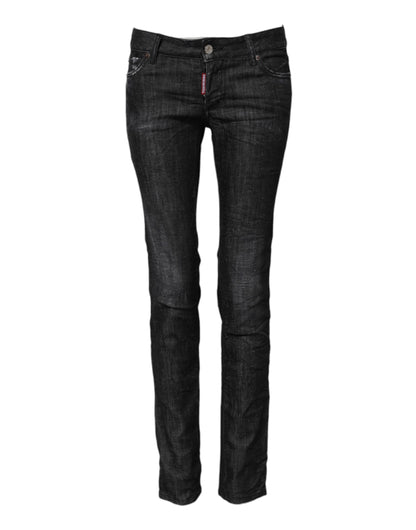 Black Cotton Low Waist Skinny Denim Jeans-Dsquared²-LabelTerrace.com