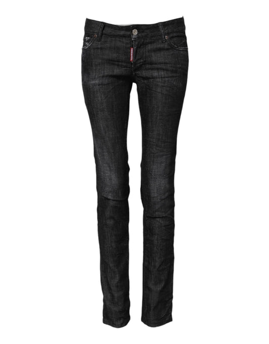 Black Cotton Low Waist Skinny Denim Jeans-Dsquared²-LabelTerrace.com