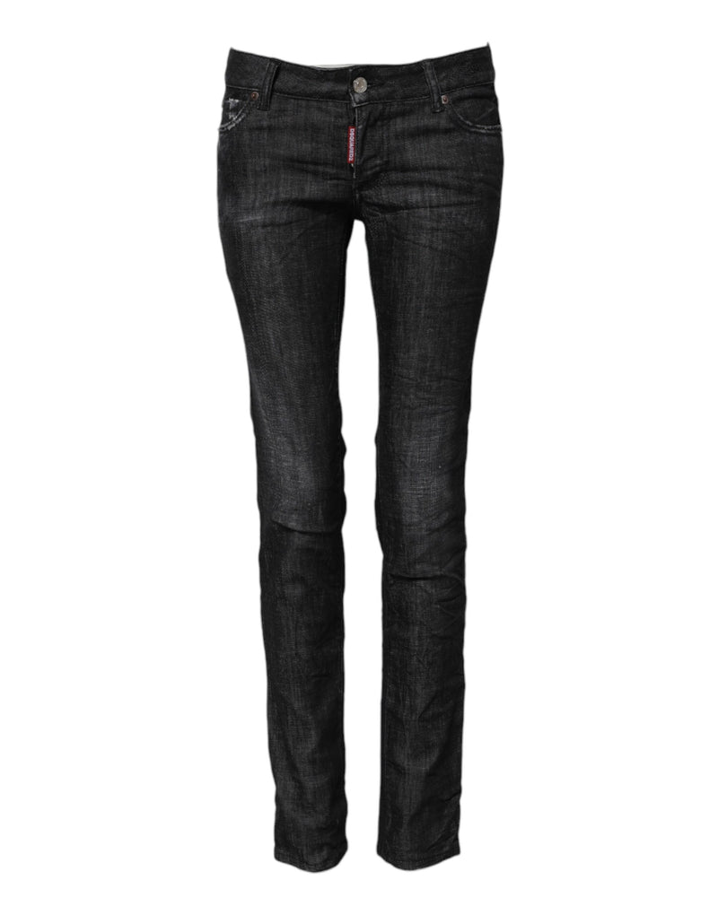 Black Cotton Low Waist Skinny Denim Jeans-Dsquared²-LabelTerrace.com