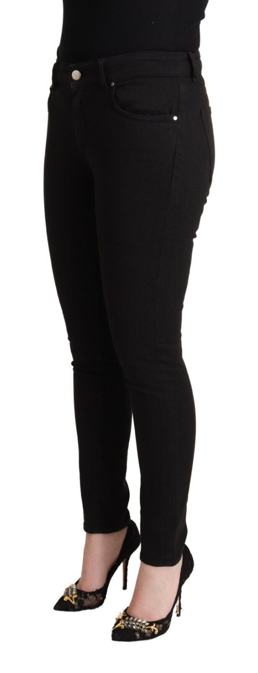 Black Cotton Mid Waist Denim Slim Fit Jeans