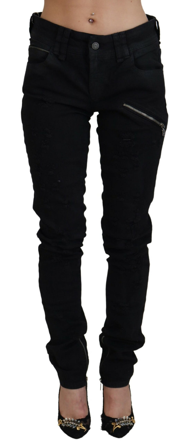 Black Cotton Mid Waist Skinny Slim Fit Denim Jeans-John Galliano-LabelTerrace.com