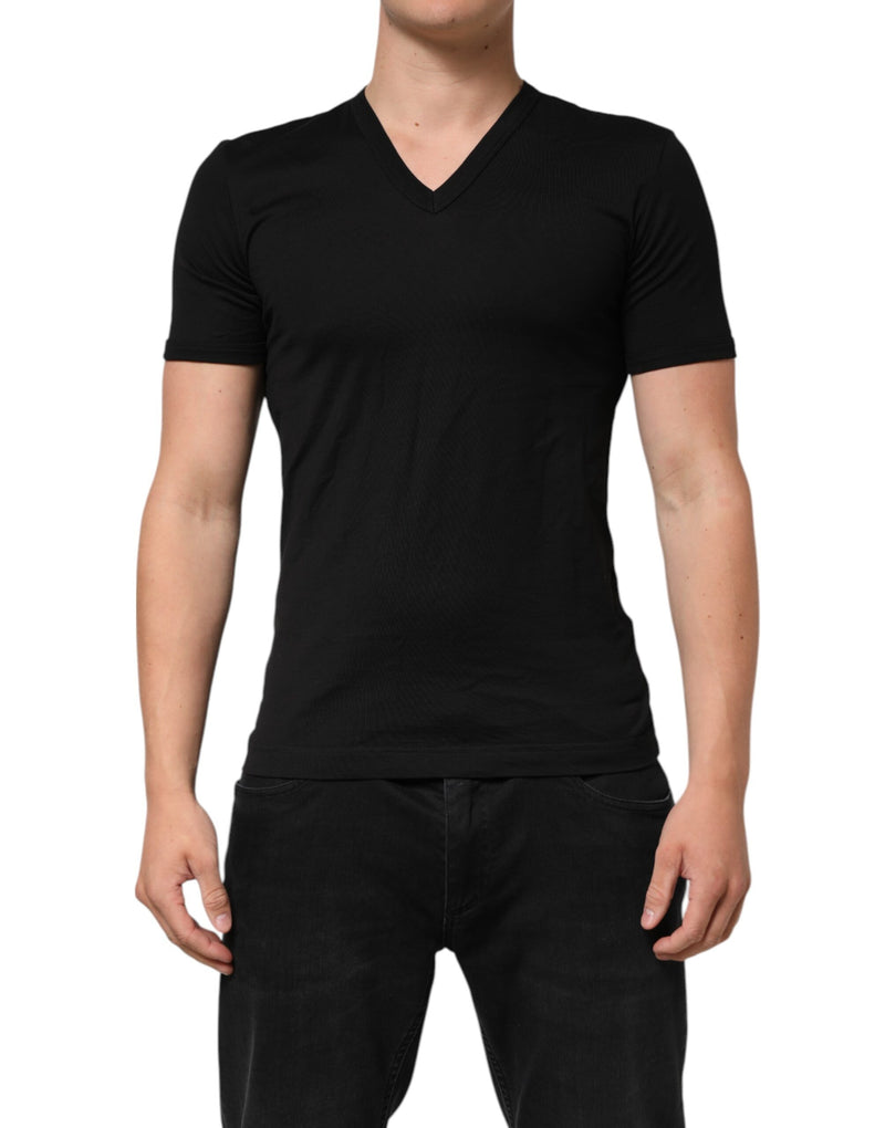 Black Cotton Plain V-Neck Men Shirt T-shirt-Dolce & Gabbana-LabelTerrace.com