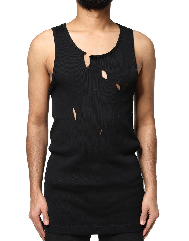 Black Cotton Rip Style Sleeveless Men Tank T-shirt-Dolce & Gabbana-LabelTerrace.com