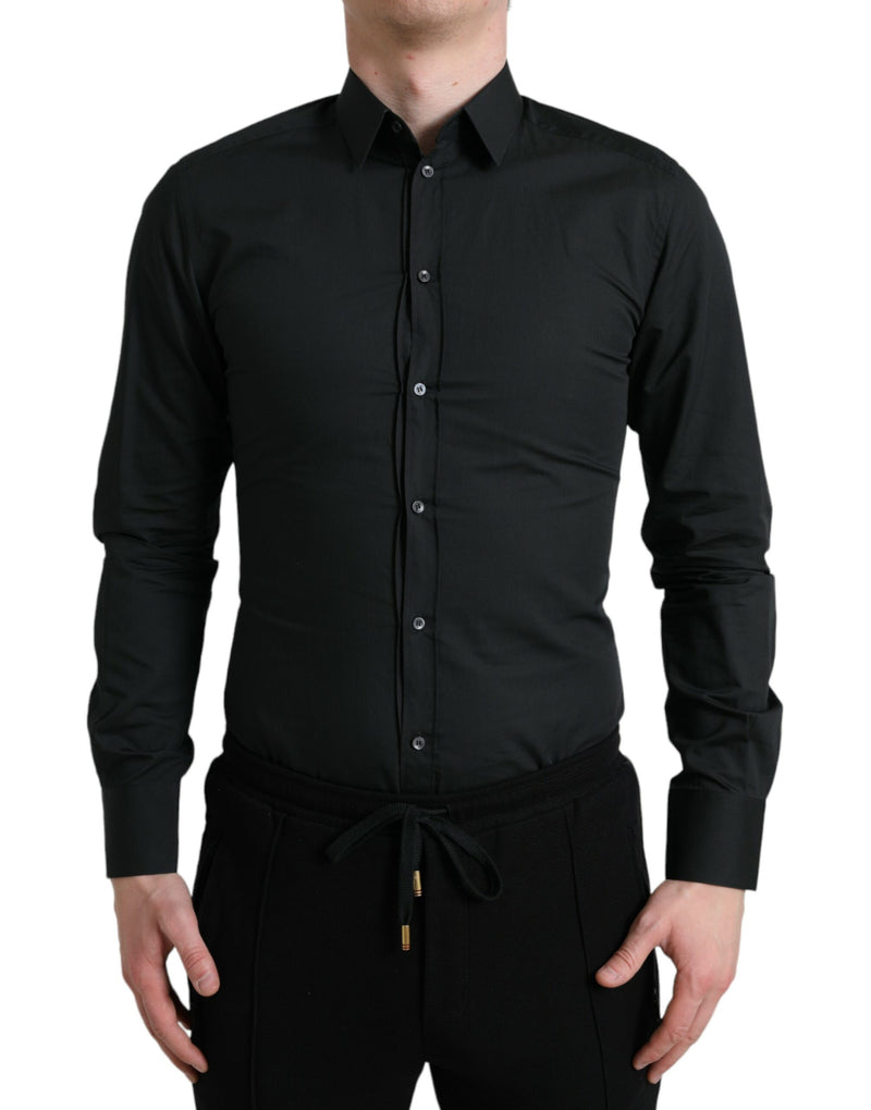 Black Cotton Silk Formal GOLD Dress Shirt-Dolce & Gabbana-LabelTerrace.com