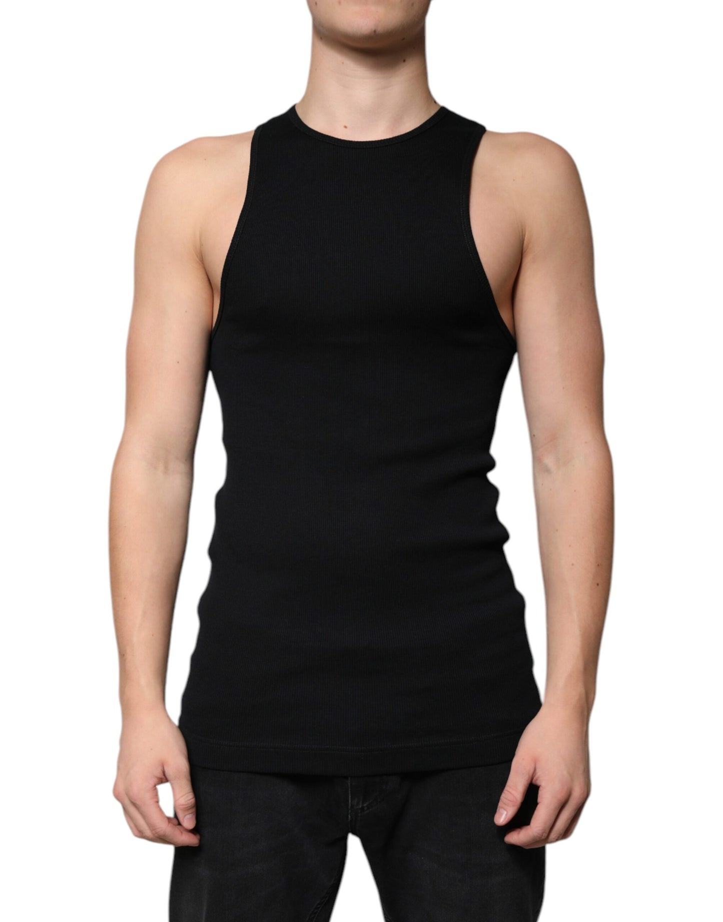 Black Cotton Sleeveless Round Neck Tank T-shirt-Dolce & Gabbana-LabelTerrace.com