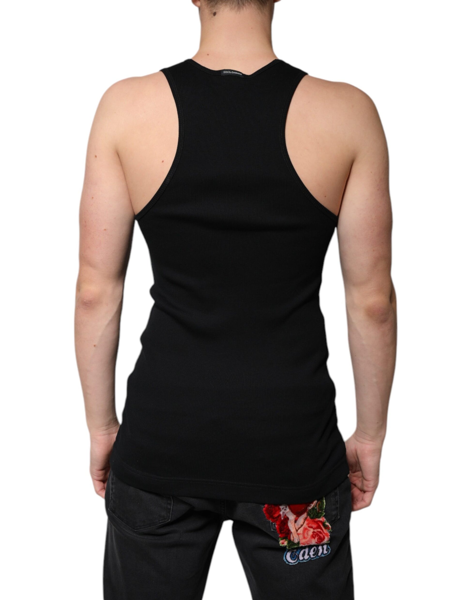 Black Cotton Sleeveless Round Neck Tank T-shirt-Dolce & Gabbana-LabelTerrace.com