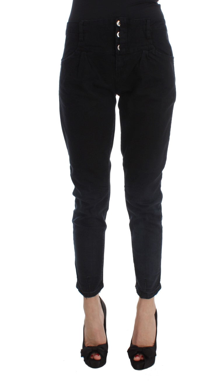 Black Cotton Slim Fit Cropped Jeans-Costume National-LabelTerrace.com