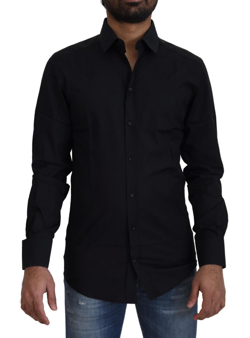 Black Cotton Slim Fit Formal Dress GOLD Shirt-Dolce & Gabbana-LabelTerrace.com