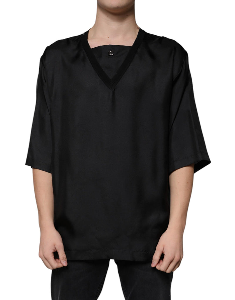 Black Cotton Square Neck Short Sleeve T-shirt-Dolce & Gabbana-LabelTerrace.com
