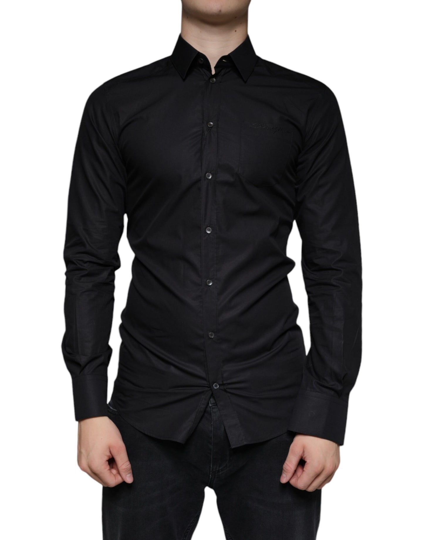Black Cotton Stretch Dress GOLD Formal Shirt-Dolce & Gabbana-LabelTerrace.com