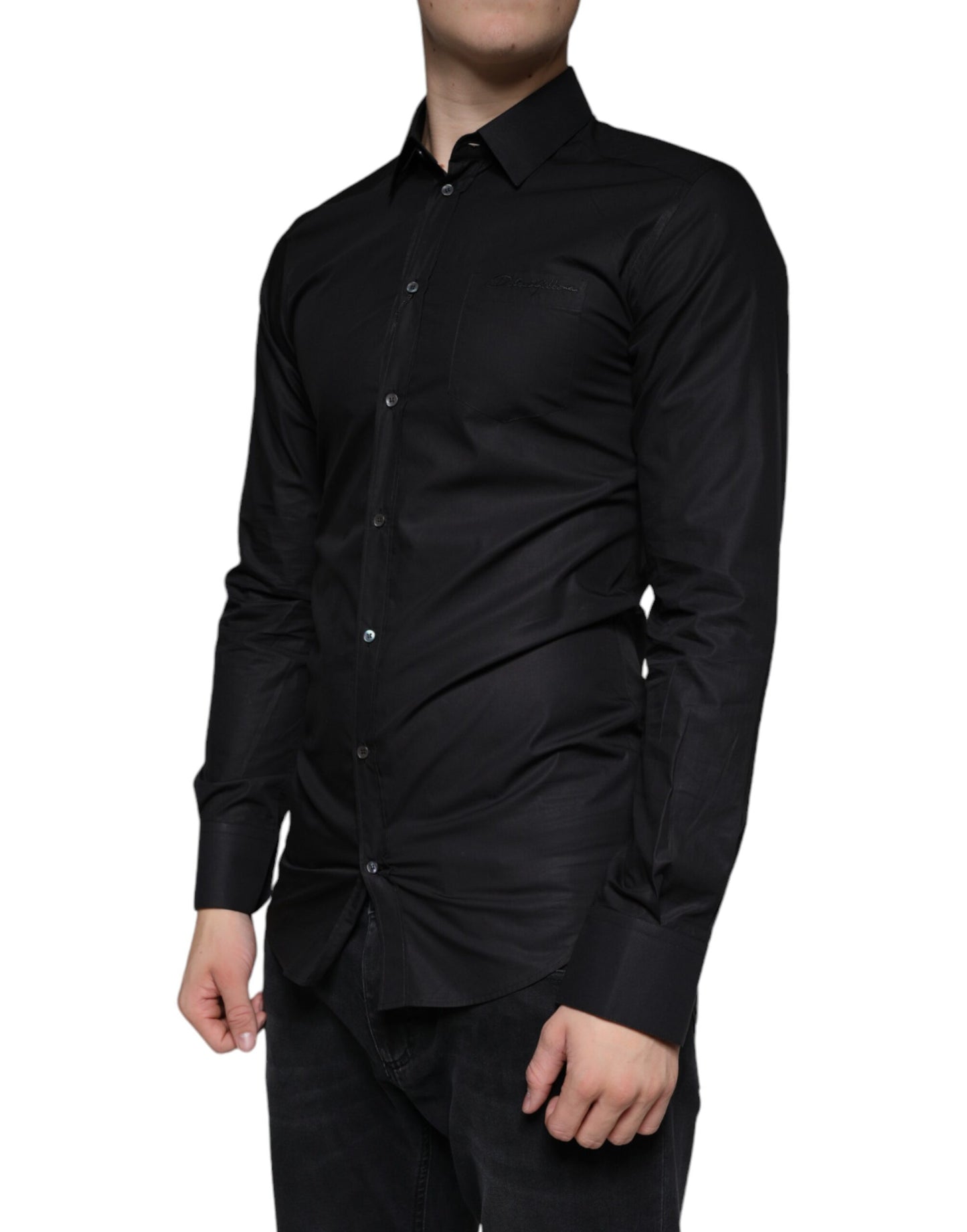 Black Cotton Stretch Dress GOLD Formal Shirt-Dolce & Gabbana-LabelTerrace.com