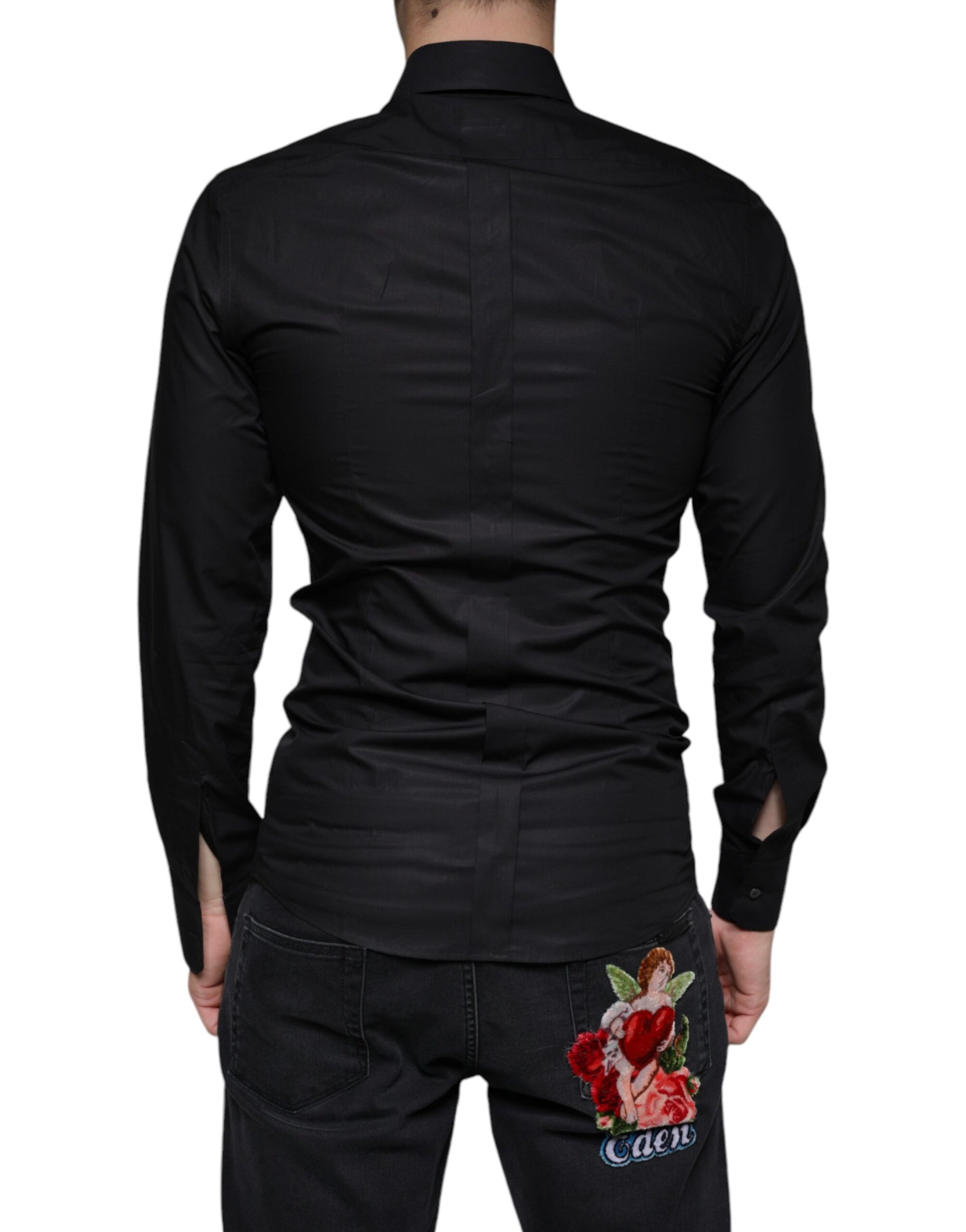 Black Cotton Stretch Dress GOLD Formal Shirt-Dolce & Gabbana-LabelTerrace.com