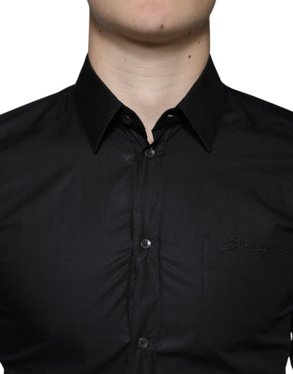 Black Cotton Stretch Dress GOLD Formal Shirt-Dolce & Gabbana-LabelTerrace.com