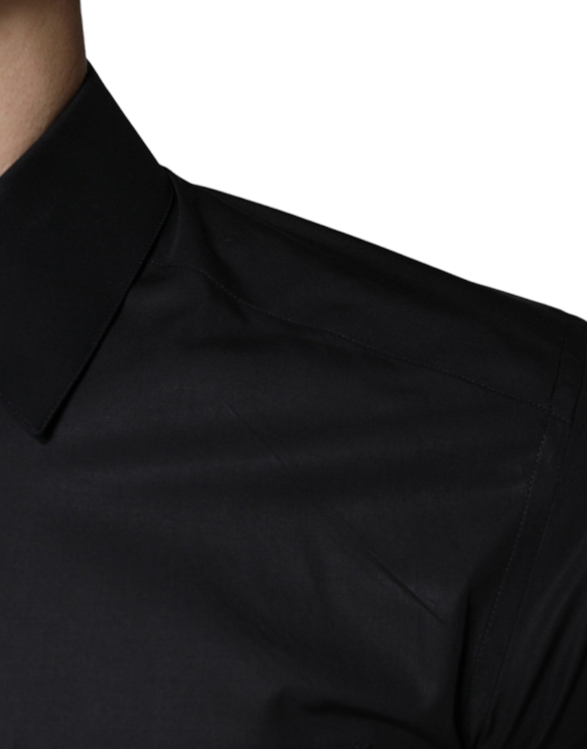 Black Cotton Stretch Dress GOLD Formal Shirt-Dolce & Gabbana-LabelTerrace.com