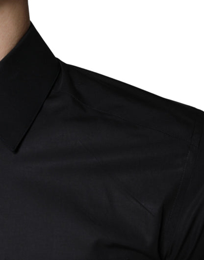 Black Cotton Stretch Dress GOLD Formal Shirt-Dolce & Gabbana-LabelTerrace.com