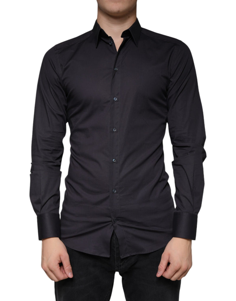 Black Cotton Stretch Dress GOLD Formal Shirt-Dolce & Gabbana-LabelTerrace.com