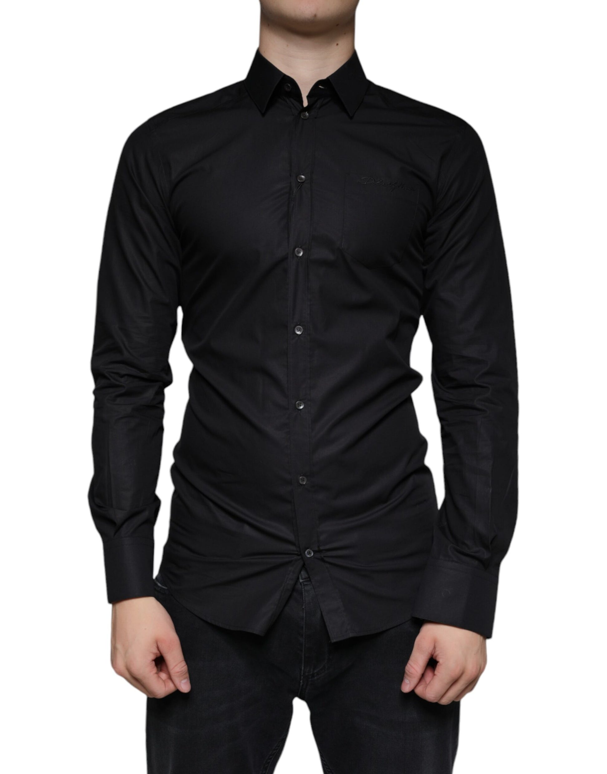 Black Cotton Stretch Dress GOLD Formal Shirt-Dolce & Gabbana-LabelTerrace.com