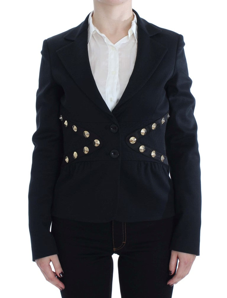 Black Cotton Stretch Gold Studded Blazer Jacket-Exte-LabelTerrace.com