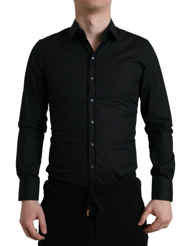 Black Cotton Stretch Slim Formal Dress Shirt-Dolce & Gabbana-LabelTerrace.com
