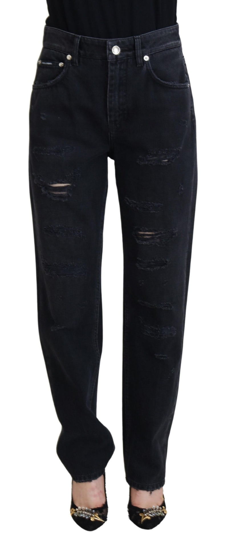 Black Cotton Tattered High Waist Denim Jeans-Dolce & Gabbana-LabelTerrace.com