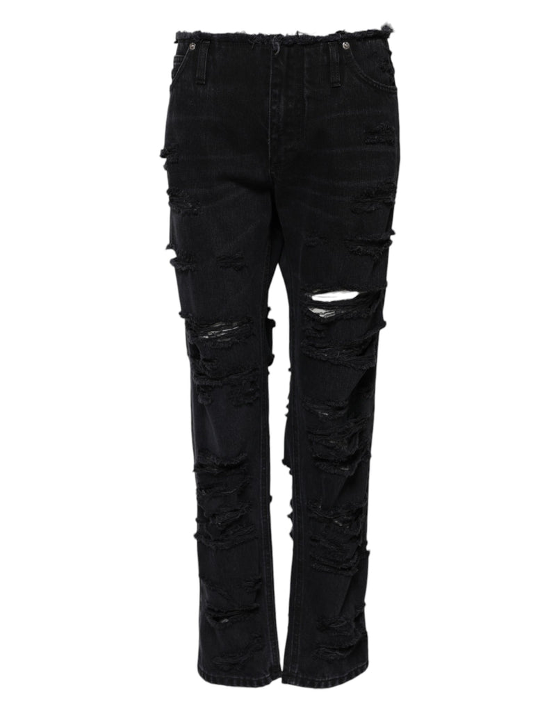 Black Cotton Tattered Mid Waist Denim Jeans-Dolce & Gabbana-LabelTerrace.com