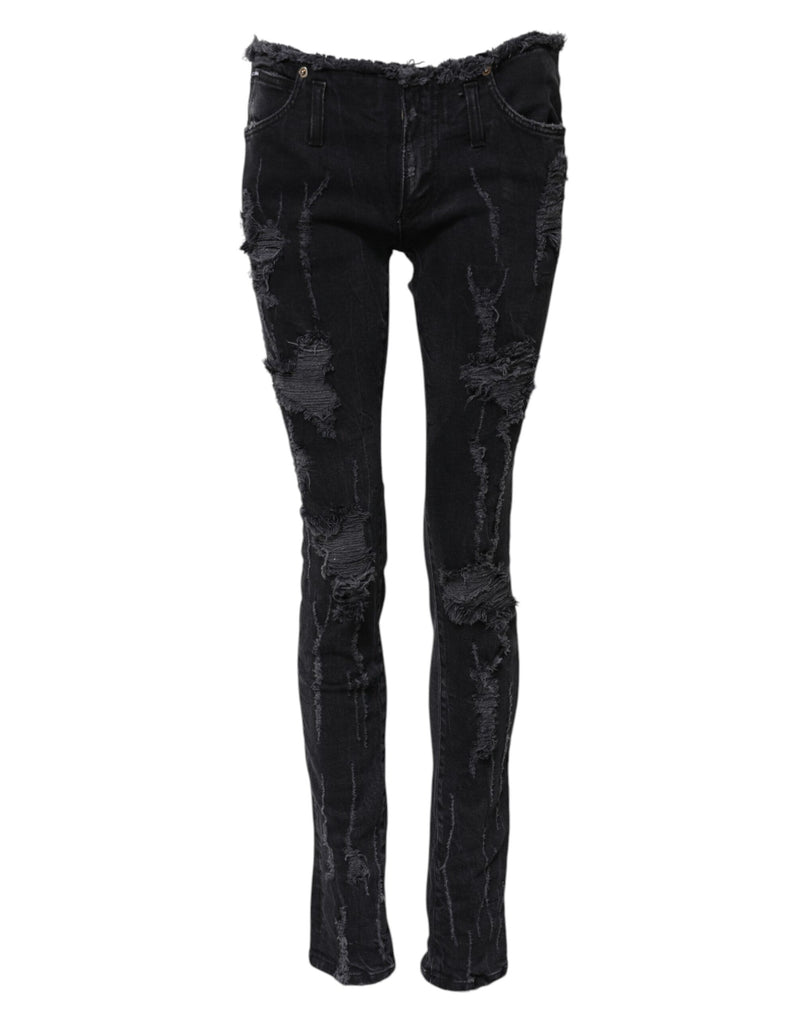 Black Cotton Tattered Skinny Denim Jeans-Dolce & Gabbana-LabelTerrace.com