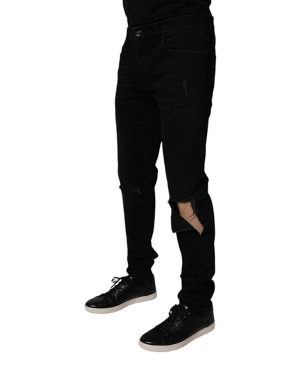 Black Cotton Tattered Skinny Men Denim Jeans-Dolce & Gabbana-LabelTerrace.com