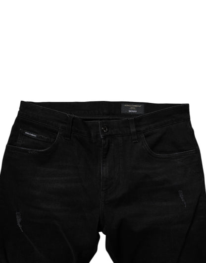 Black Cotton Tattered Skinny Men Denim Jeans-Dolce & Gabbana-LabelTerrace.com