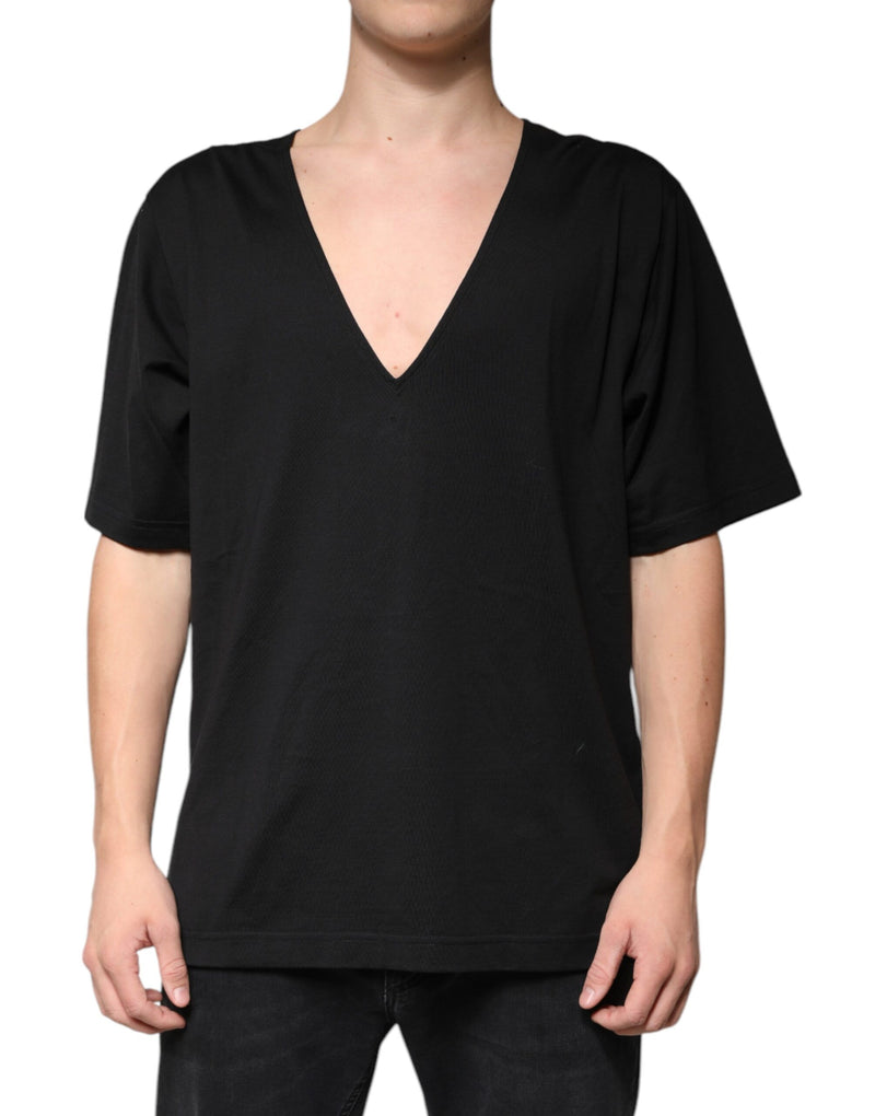 Black Cotton V-neck Short Sleeves T-shirt-Dolce & Gabbana-LabelTerrace.com