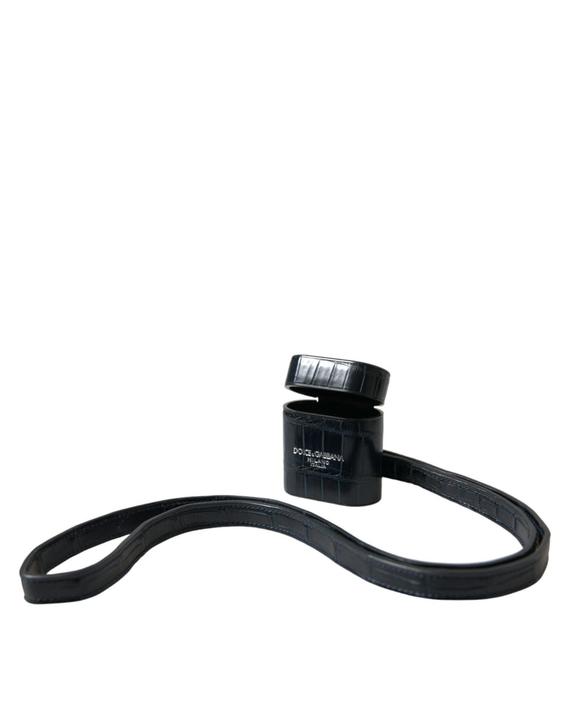 Black Crocodile Leather Silver Metal Logo Airpods Case-Dolce & Gabbana-LabelTerrace.com