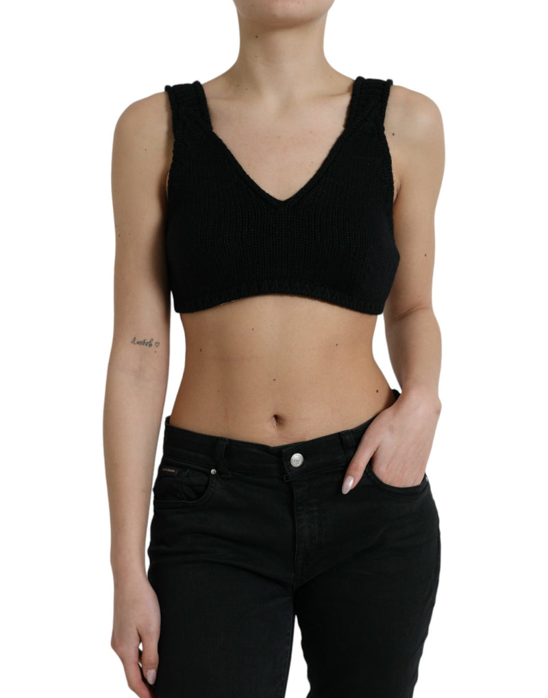 Black Cropped Cashmere V-neck Bustier Top-Dolce & Gabbana-LabelTerrace.com
