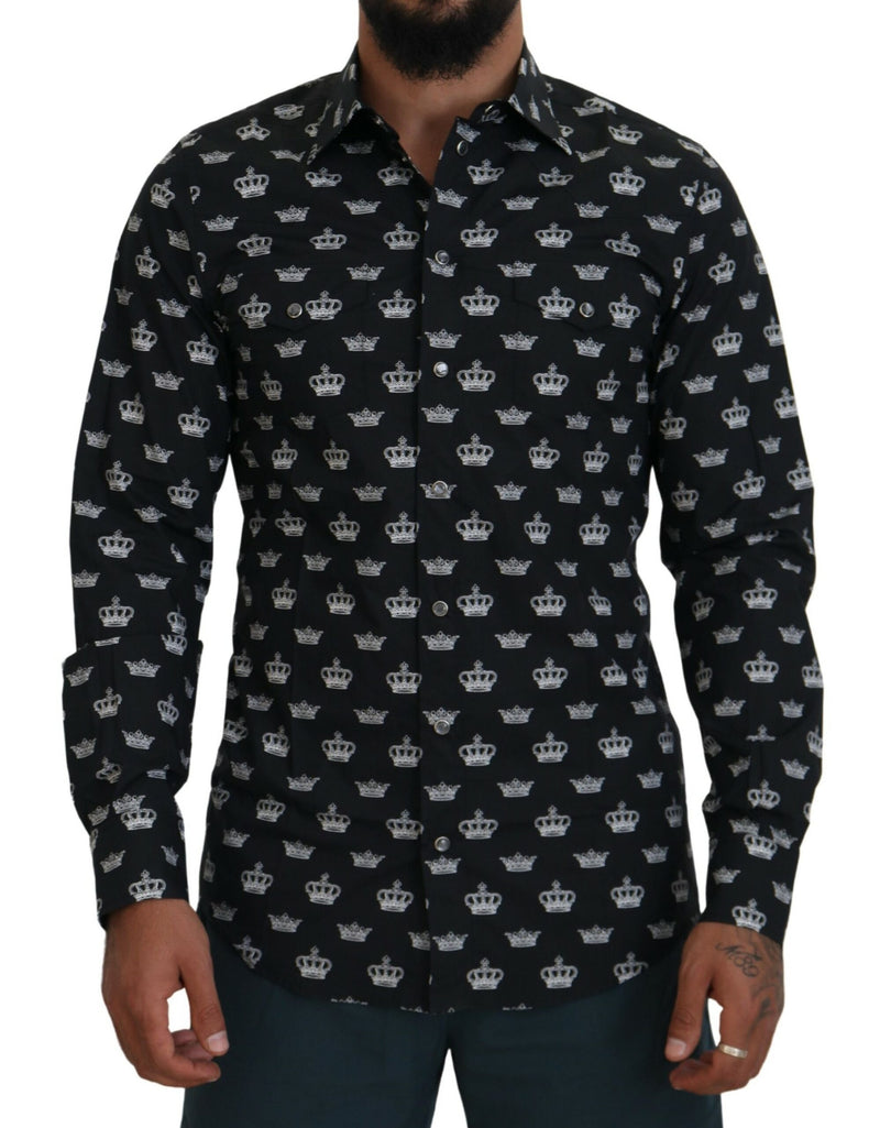 Black Crown Print GOLD Slim Shirt-Dolce & Gabbana-LabelTerrace.com