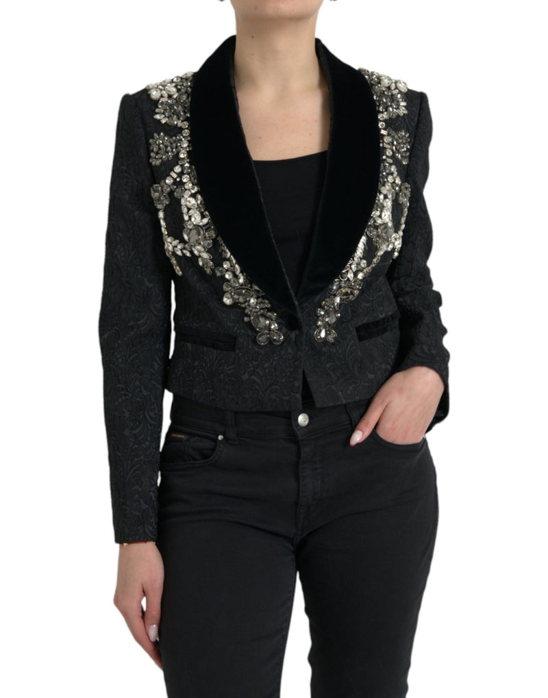 Black Crystal Embellished Overcoat Jacket-Dolce & Gabbana-LabelTerrace.com