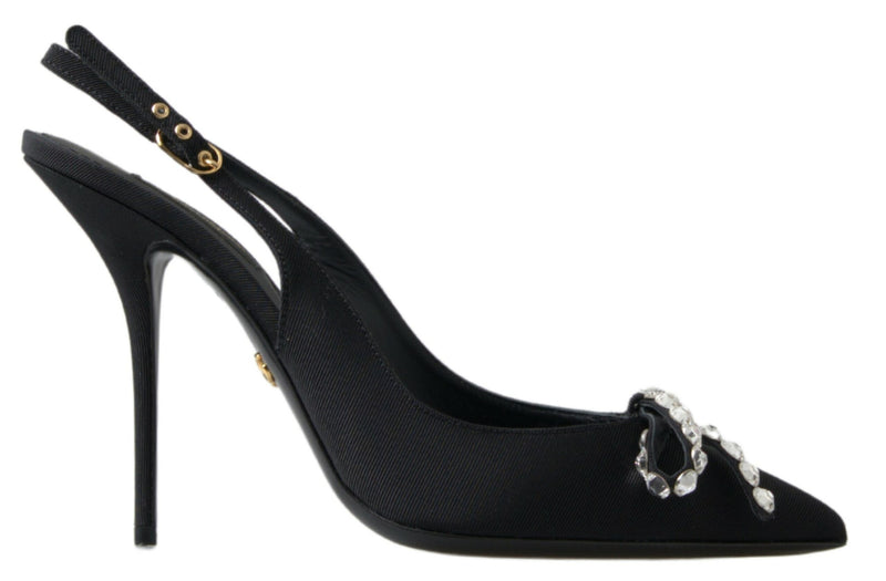 Black Crystal Embellished Slingback Heel Shoes-Dolce & Gabbana-LabelTerrace.com