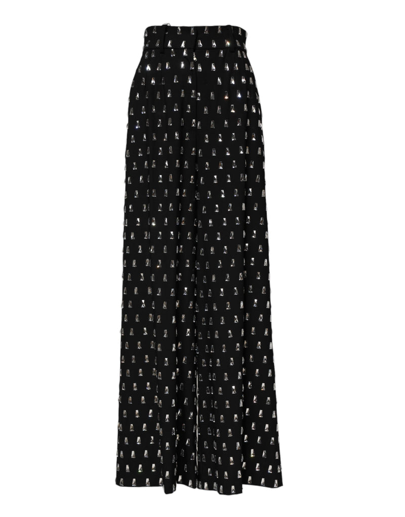 Black Crystal Embellished Wide Leg Pants-Dolce & Gabbana-LabelTerrace.com