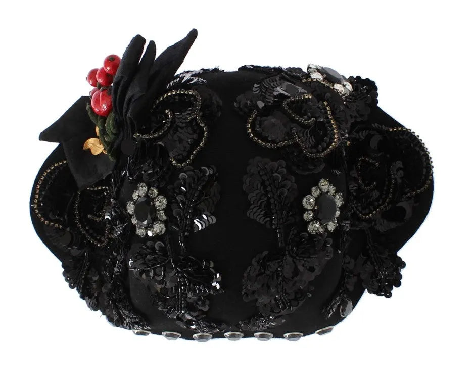 Black Crystal Gold Cherries Brooch Hat-Dolce & Gabbana-LabelTerrace.com