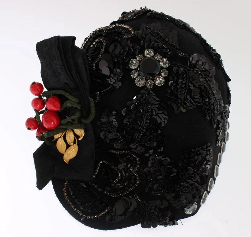 Black Crystal Gold Cherries Brooch Hat-Dolce & Gabbana-LabelTerrace.com