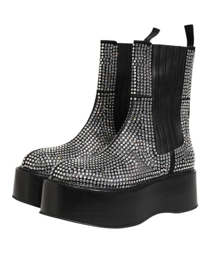 Black Crystal Strass Mid Calf Short Boots Shoes